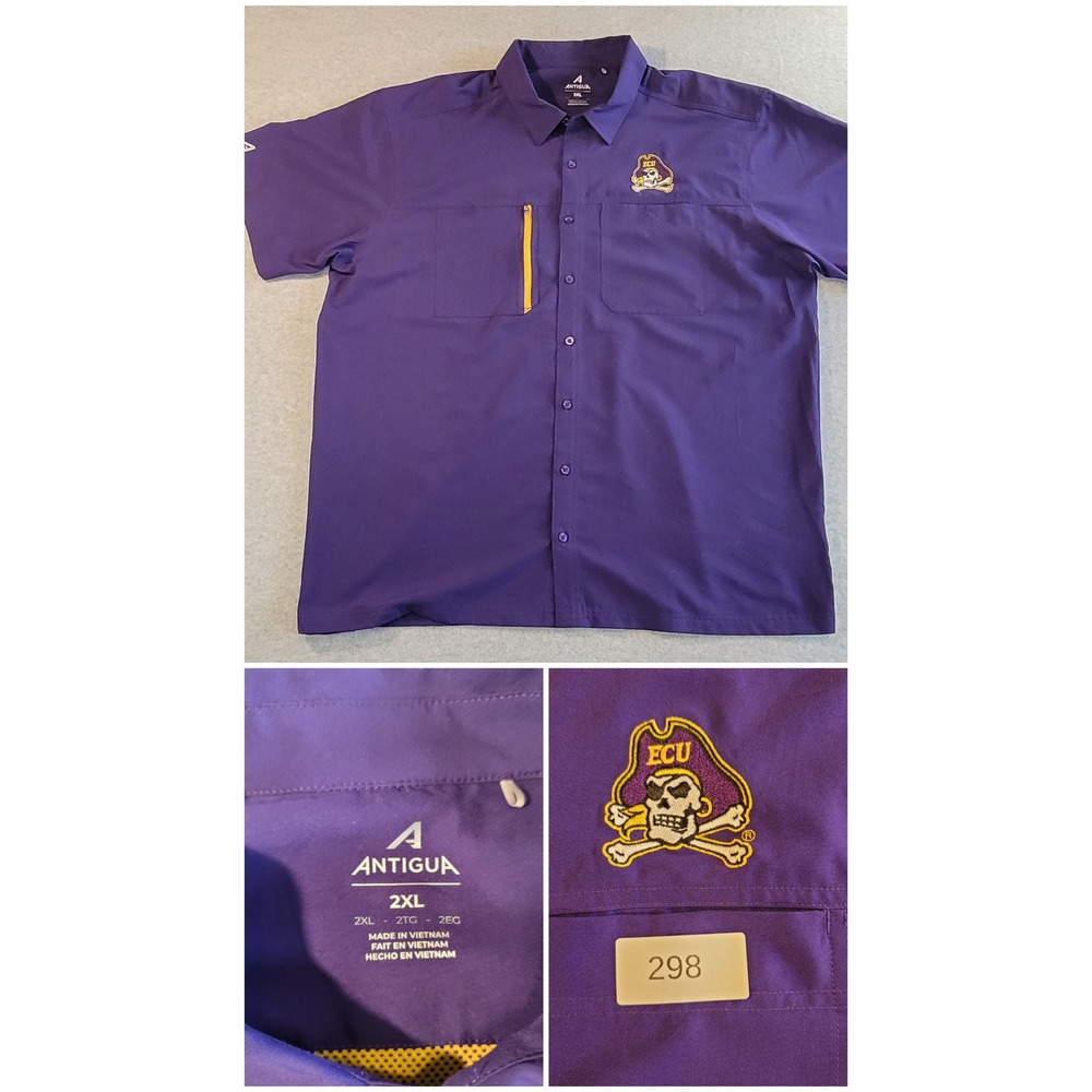 Antigua Mens ECU Pirates Button Down Shirt Purple Short Sleeve Performance 2XL